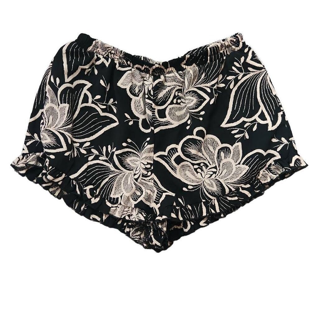 Honey Punch Women's Size M Black Cream Floral Print Pull On Flowy Ruffle Shorts